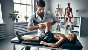 An image of Dominick Hussey, Osteopath, doing applied kinesiology muscle testing on the quadriceps muscle of a young boy in his