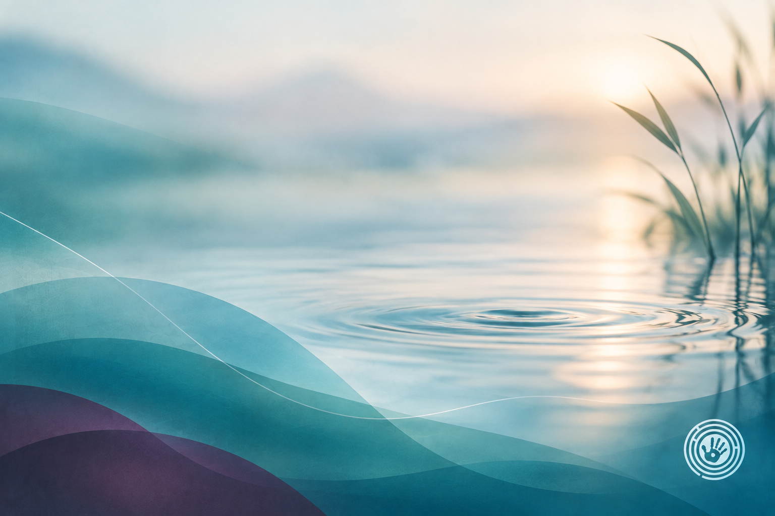 Soft teal and pale blue abstract forms suggesting quiet stillness beneath a calm surface, representing functional freeze in high-functioning adults