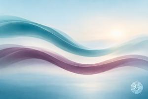 Two soft teal and pale blue abstract forms flowing gently alongside each other, representing the body and mind moving on parallel paths.