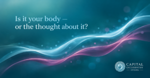 Two soft ribbons of teal and plum light drifting on parallel paths through a deep teal background, representing the body and mind moving together without colliding.